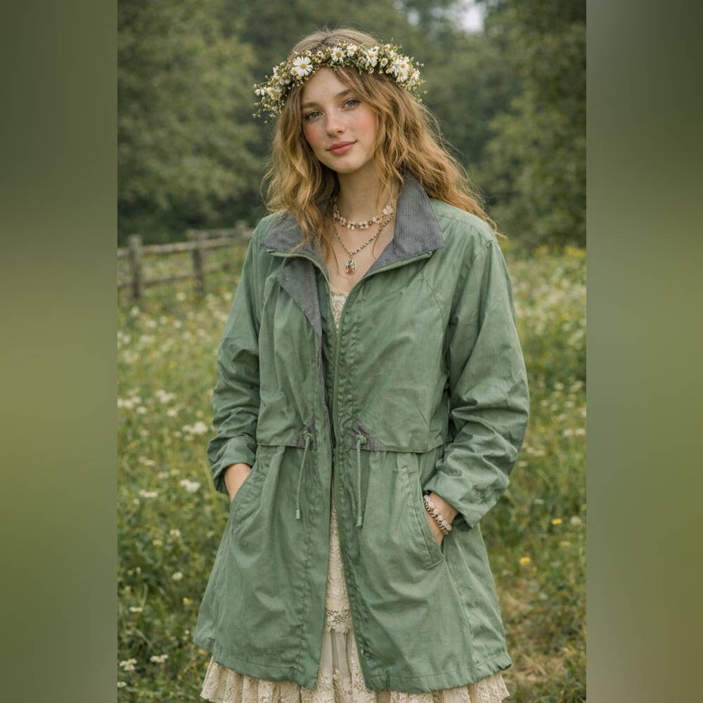 Boho Cottagecore Sage Green Windbreaker Rain Coat Midi Jacket Vintage size 11/12